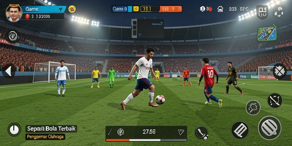 Screenshot yang menampilkan aksi seru dalam game sepak bola.