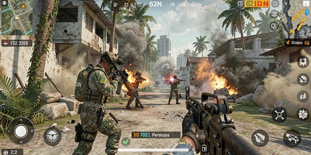 Screenshot gameplay FPS 62IDN dengan aksi tembak-menembak yang intens.
