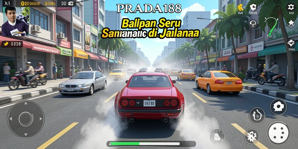 Screenshot gameplay PRADA188 menampilkan aksi balapan yang seru dan mobil kencang.