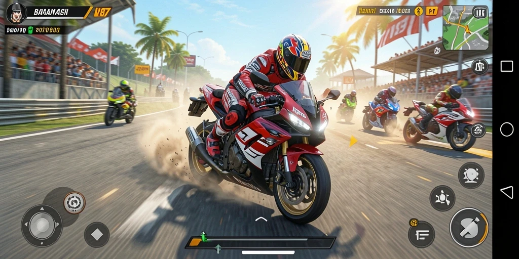 Tampilan gameplay V87 dengan aksi balapan motor yang mendebarkan.