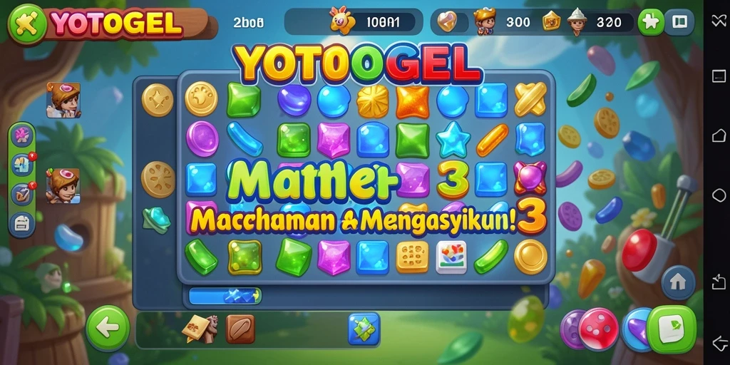 Screenshot gameplay YOTOGEL dengan elemen Match-3 yang berwarna-warni.